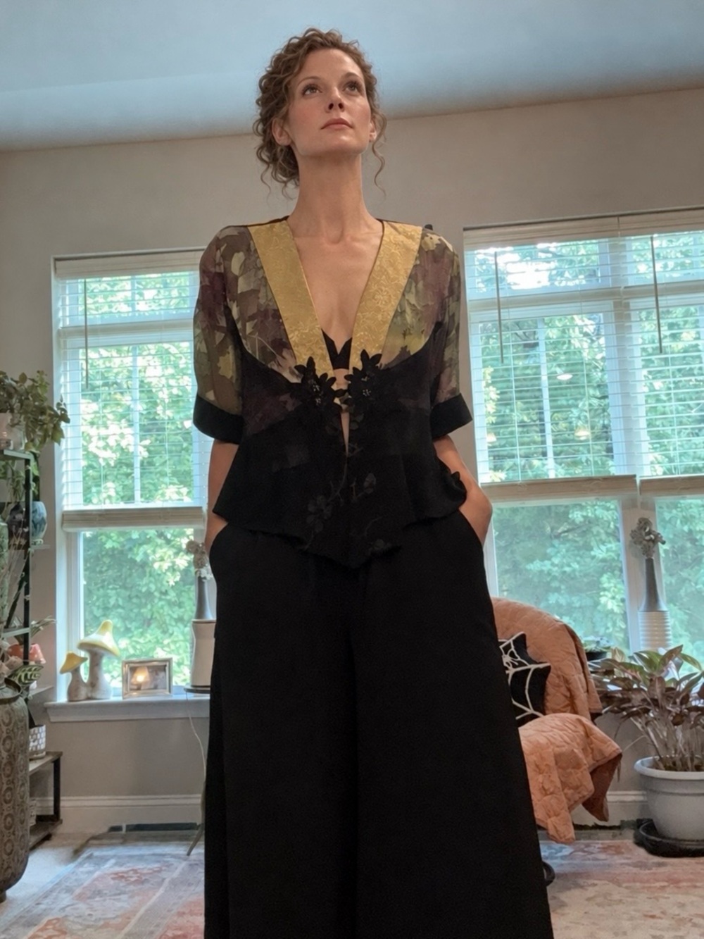 Spencer Alexis Black Sheer Kimono Blouse with Gold V-Neck Trim.